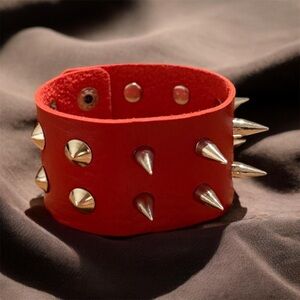 Red Studded Leather Wristband Punk Goth Spike Bracelet Adjustable Unisex Cuff